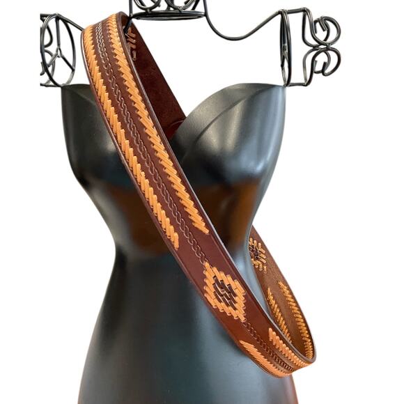 Brown Leather Mens 42 Western Belt Tan Dk Brown Stitching Southwest Cowboy - Picture 6 of 9